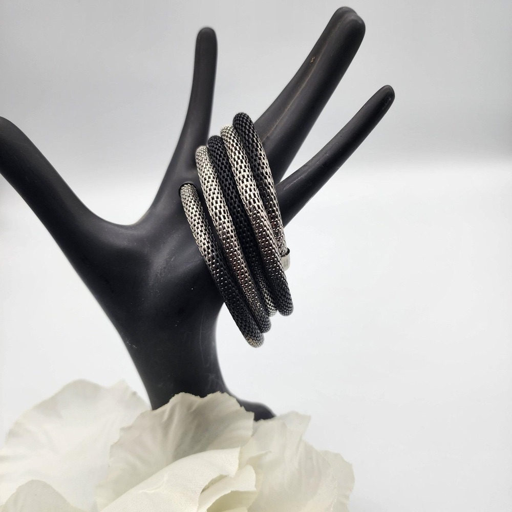 Chunky Coiled Wrap Bracelet Silver Black‎ Mesh Bold Statement Cuff Bracelet